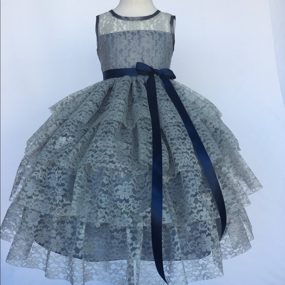 tiered lace flower girl dress gray dusty blue
